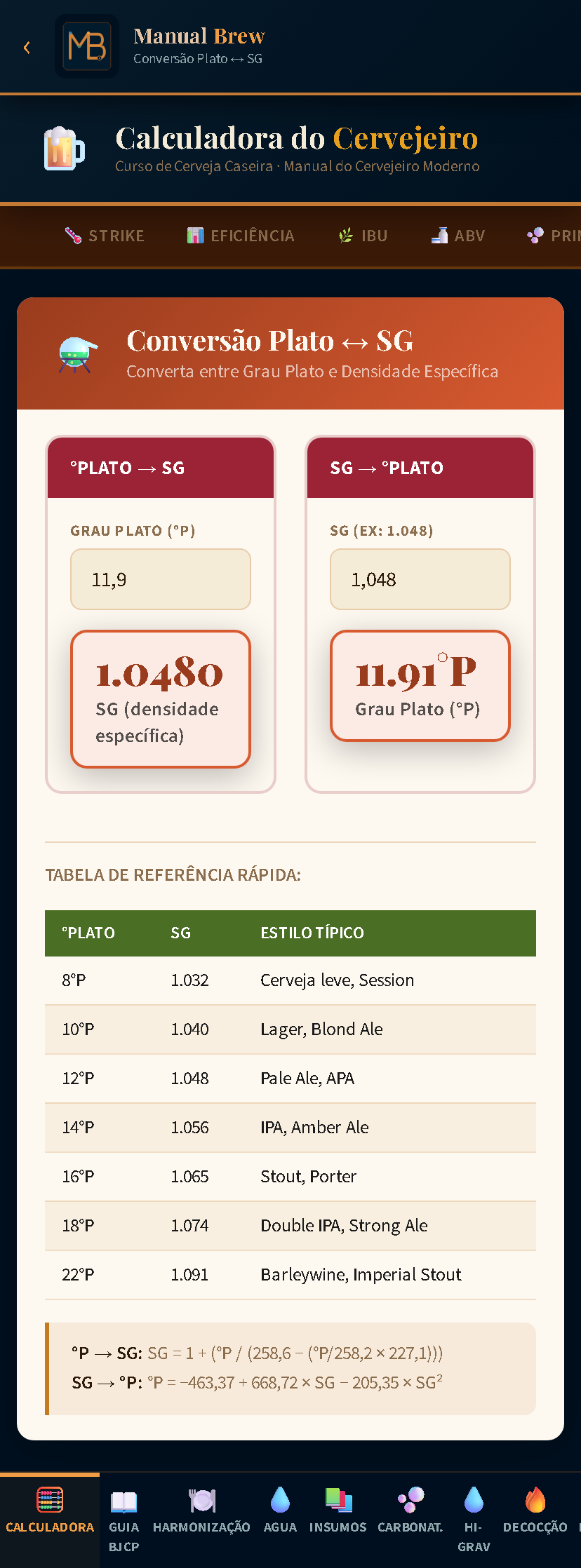 Tela do Manual Brew: Conversão Plato ↔ SG