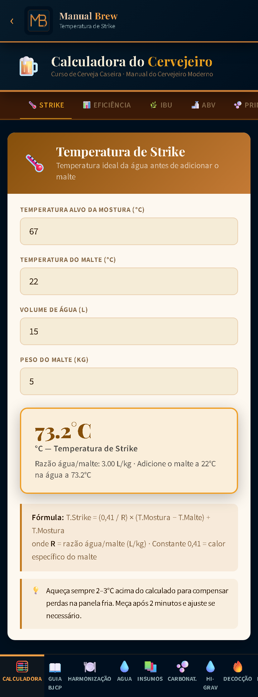 Tela do Manual Brew: Temperatura de Strike