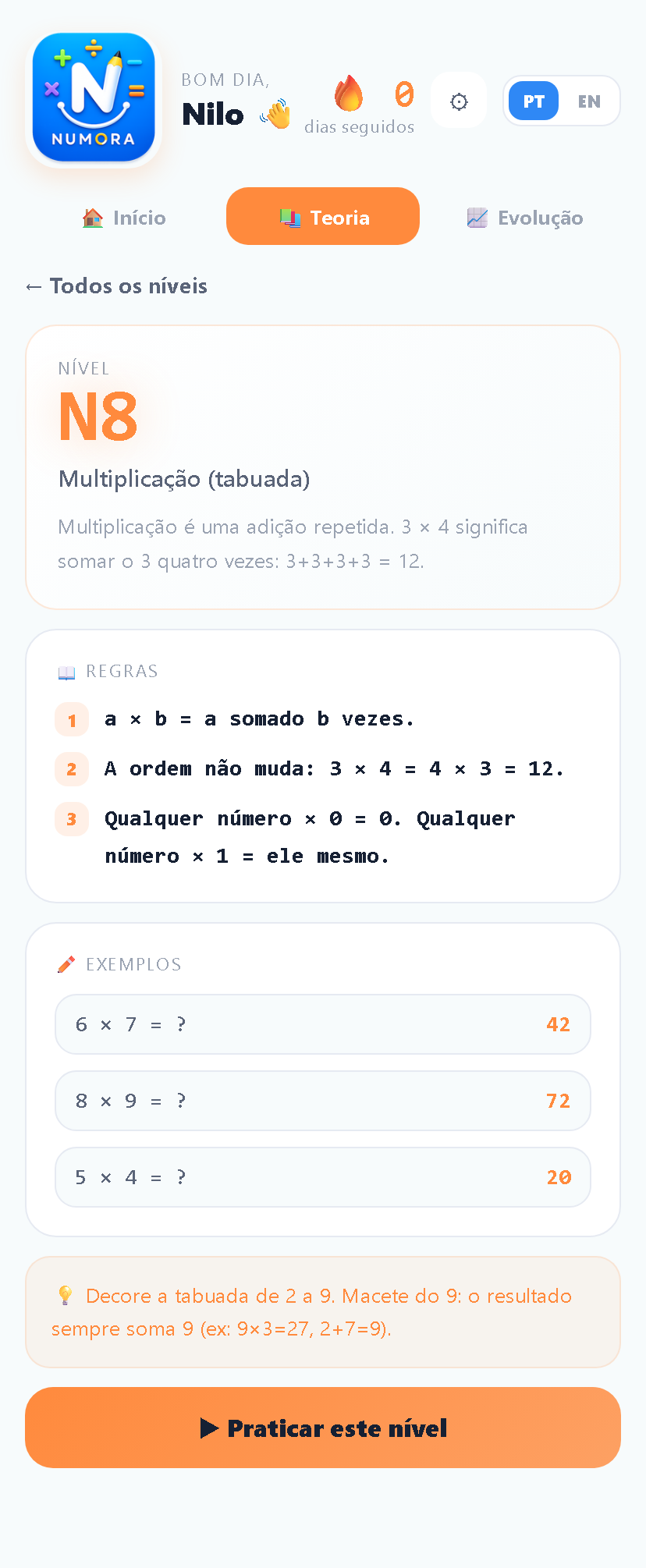 Tela do Numora: Teoria por nível